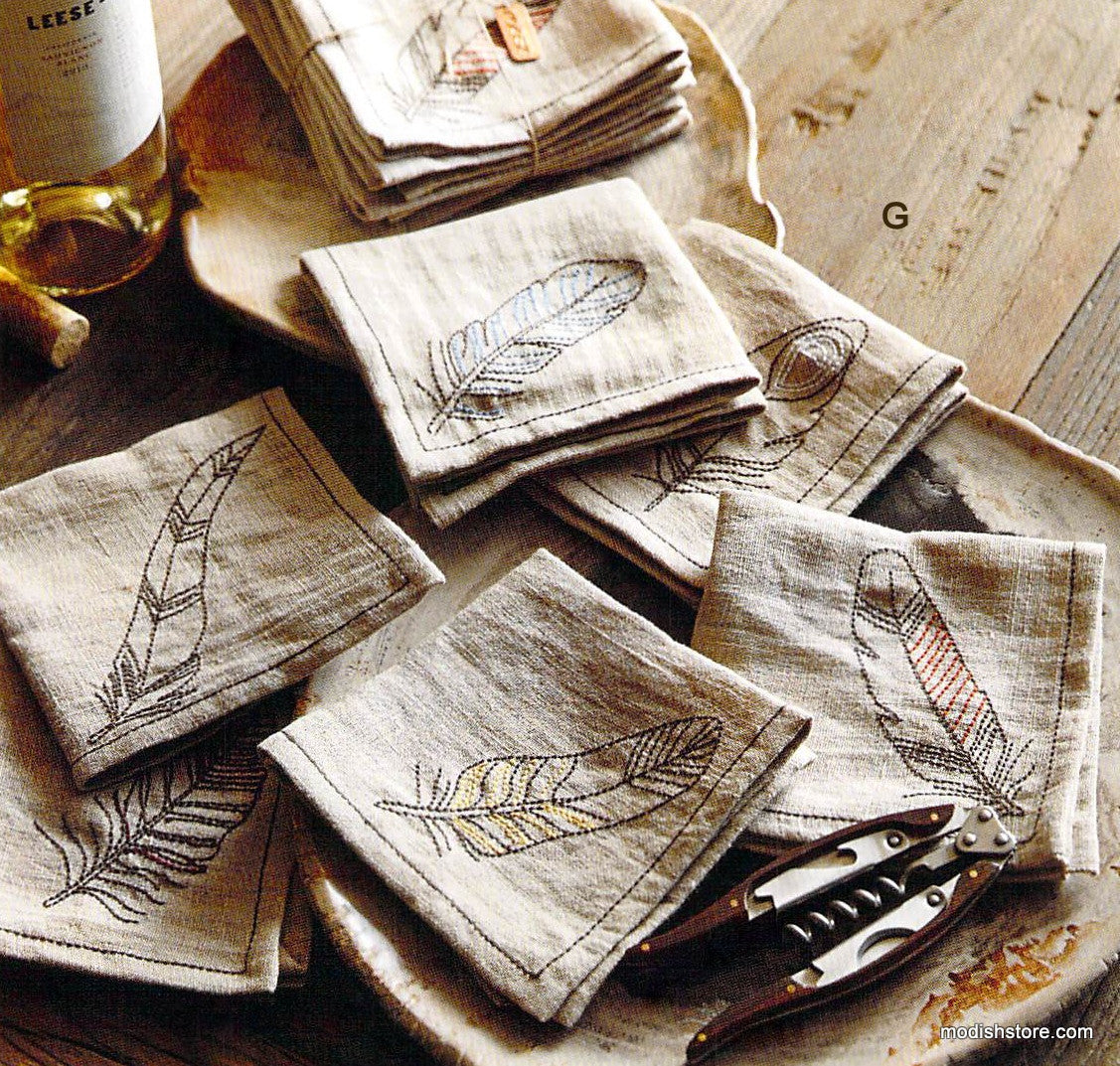 Feather Cocktail Napkins & Tiny Forest Coasters - Set Of 6