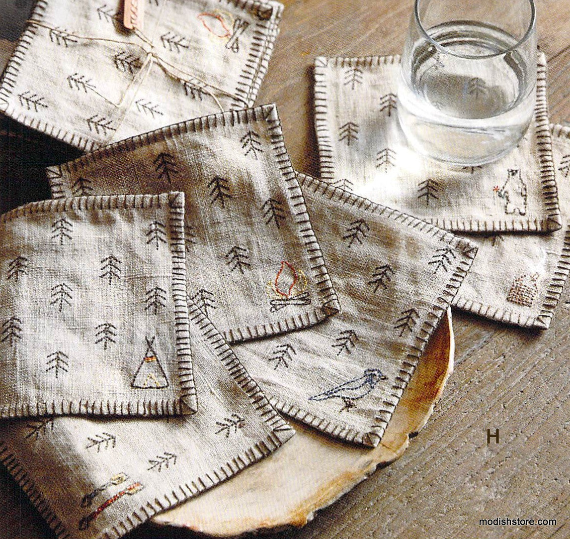 Feather Cocktail Napkins & Tiny Forest Coasters - Set Of 6
