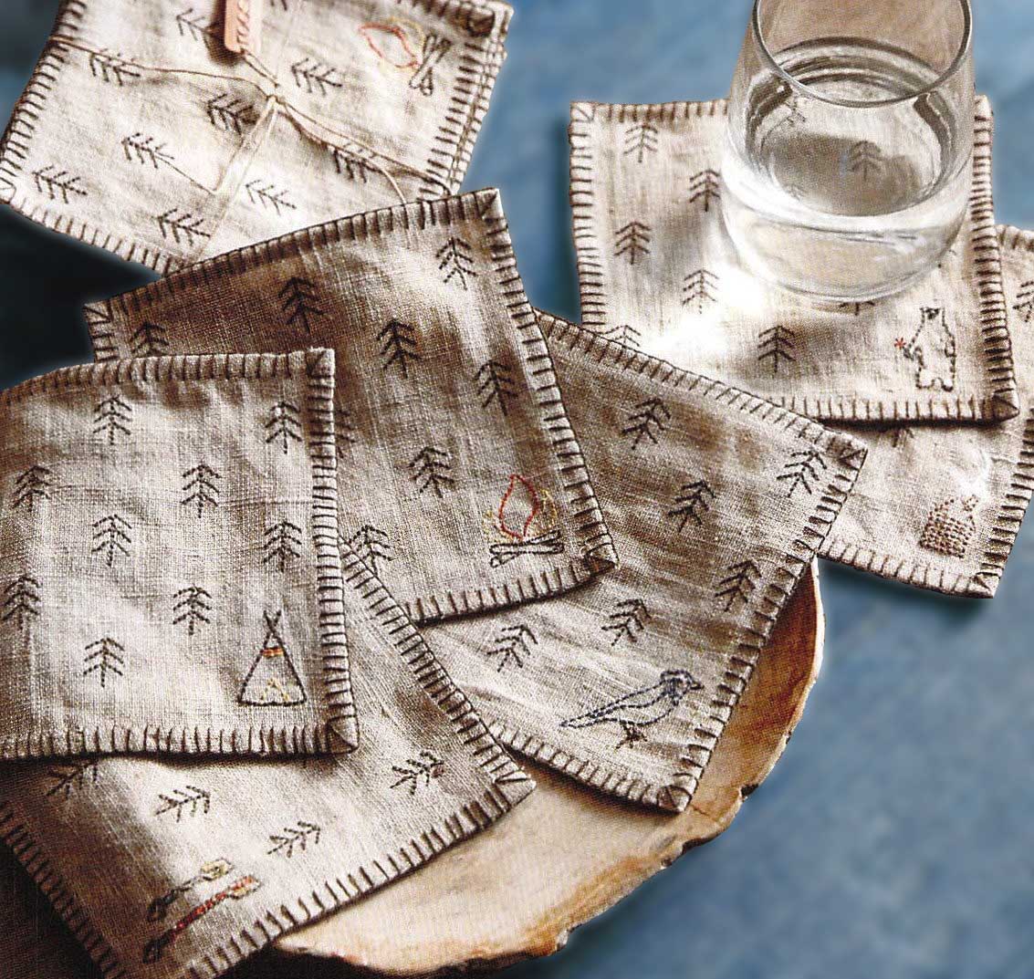 Feather Cocktail Napkins & Tiny Forest Coasters - Set Of 6